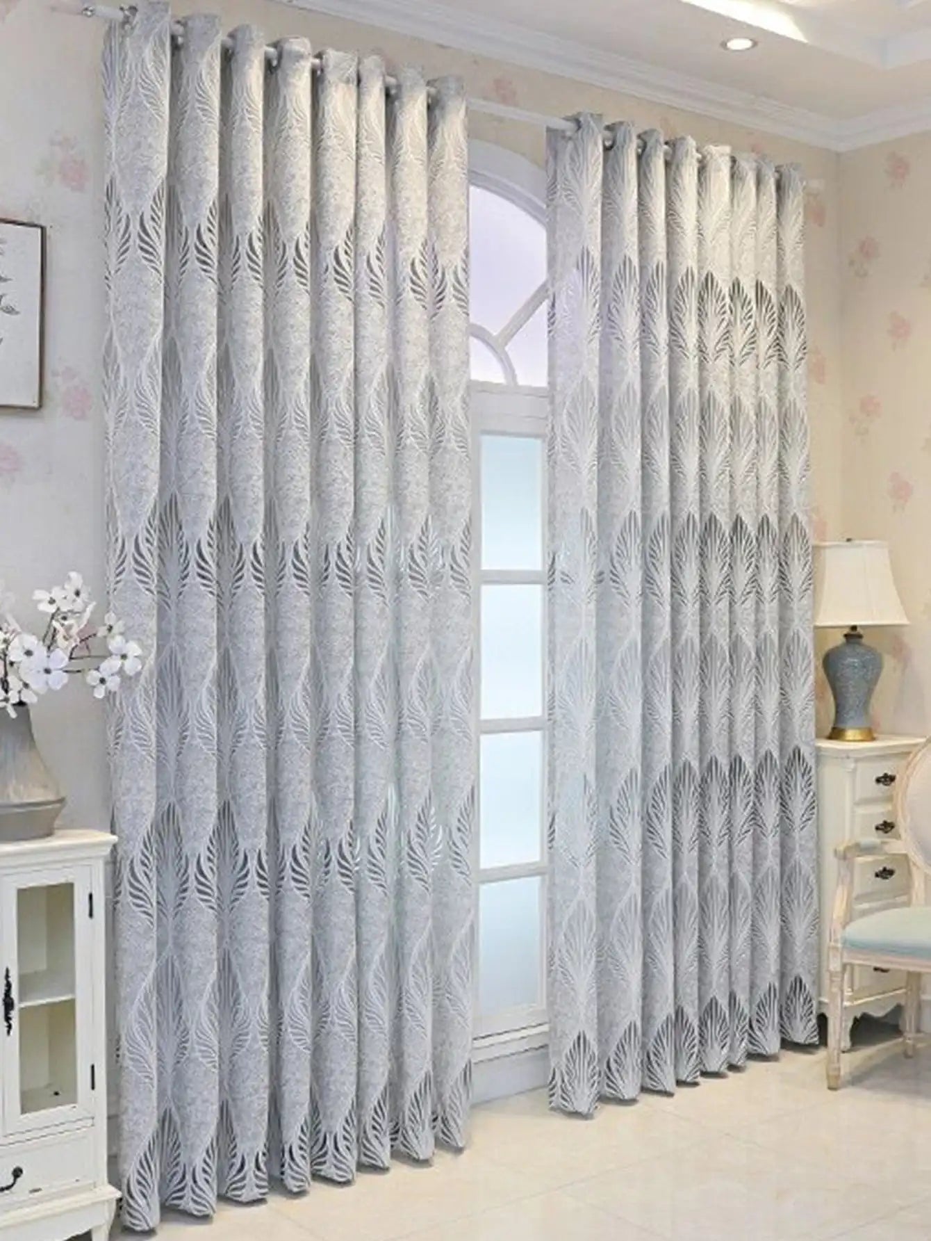 White GREY Embroidered European Thickened Curtains